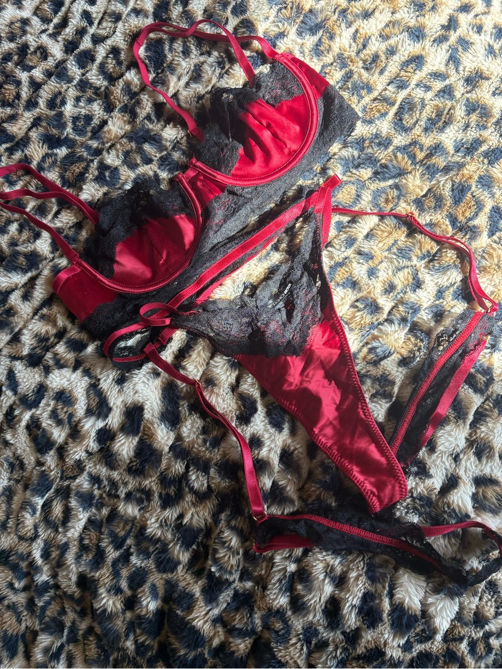 Red & Black Lace Bra and Thong Set - Women's Intimates